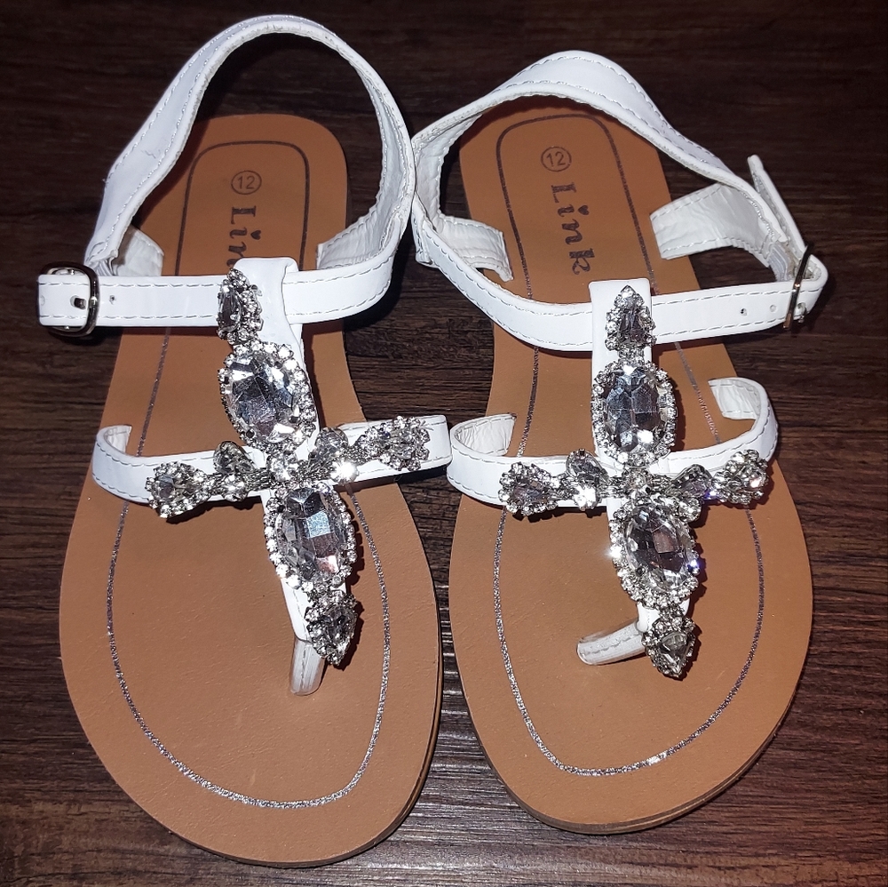 Girls Link White Silver Jeweled Bling Sandals Like New Size 12